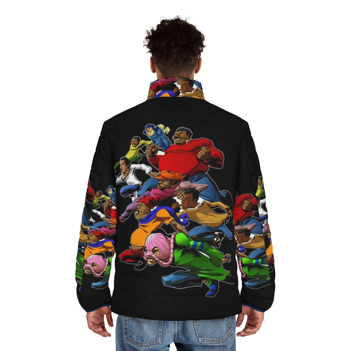 Fat Albert and the Gang retro puffer jacket with African American characters - men back