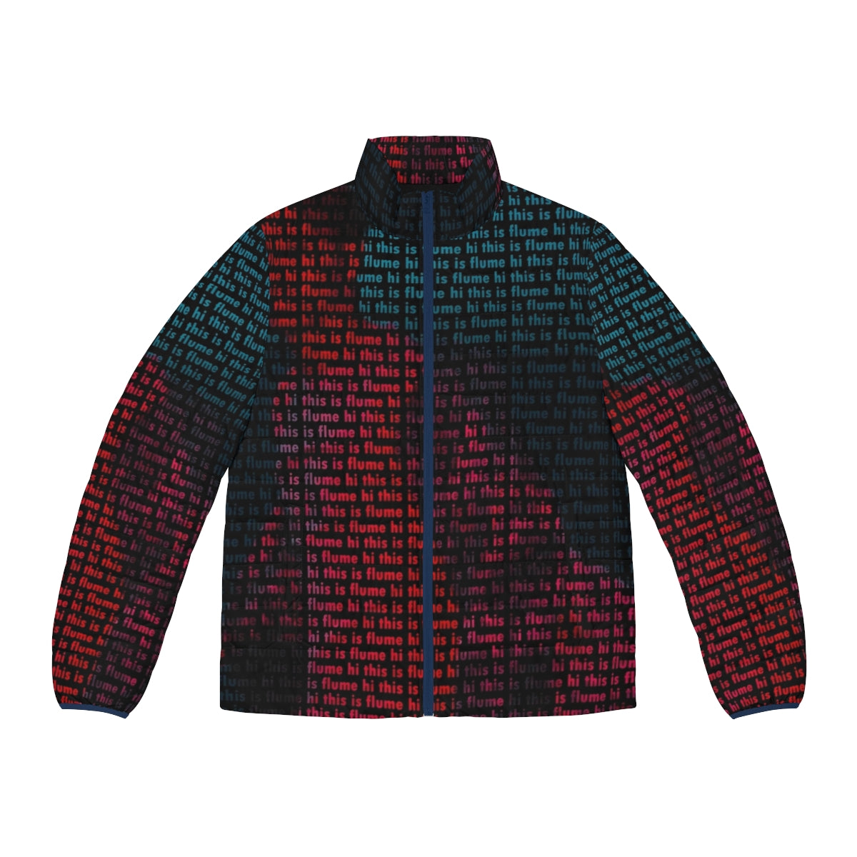 "Hi This is Flume" printed puffer jacket with electronic music and graphic design