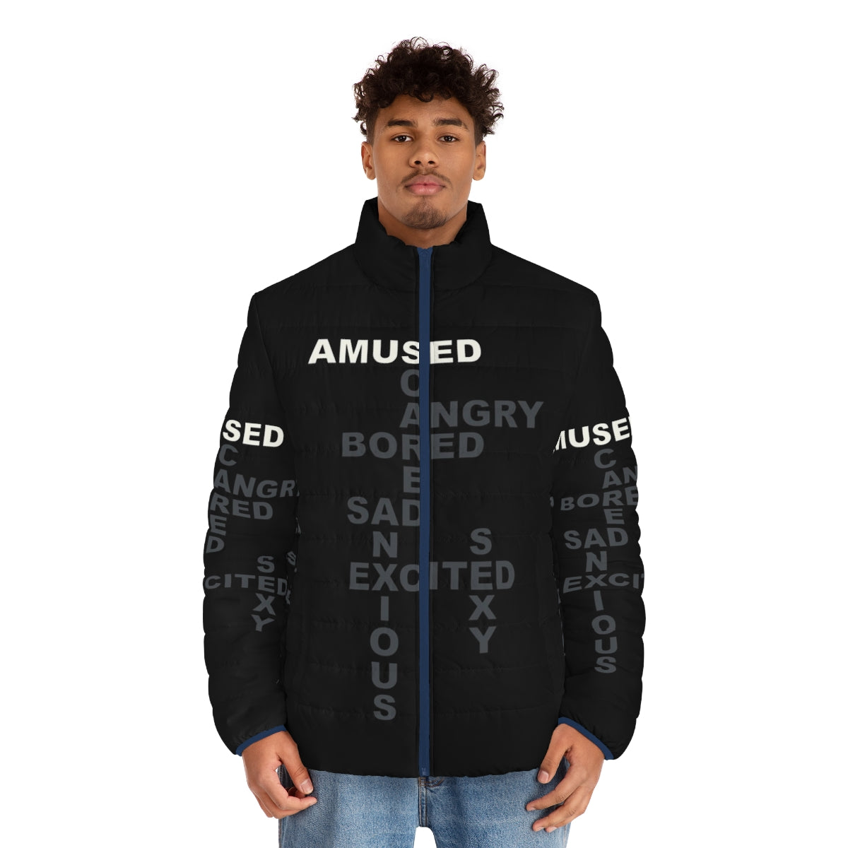 Westworld inspired puffer jacket featuring an amused expression - men front