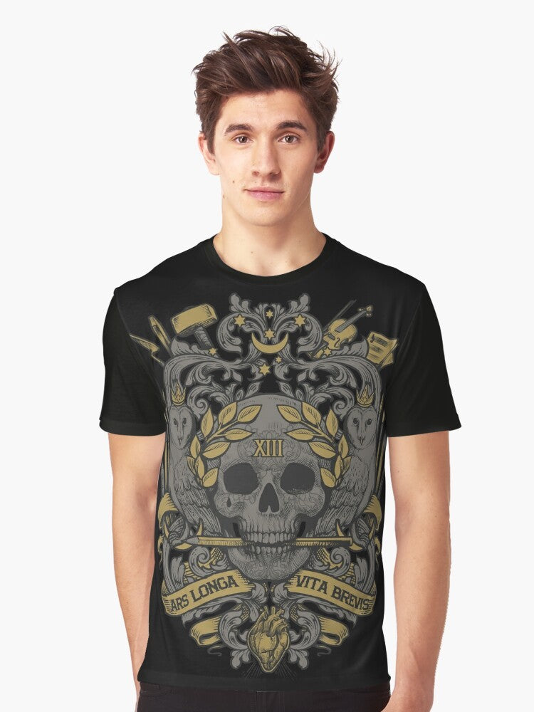 Ars Longa, Vita Brevis Graphic T-Shirt with Artists Blazon, Heraldry, and Hipocrates Quote - Men