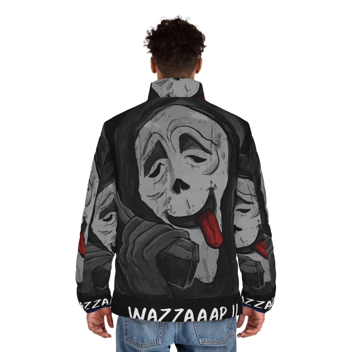 Stylish "Wazzaaap" puffer jacket, inspired by classic horror movies - men back