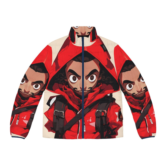 Money Heist Sticker Puffer Jacket with Cartoon Art Design