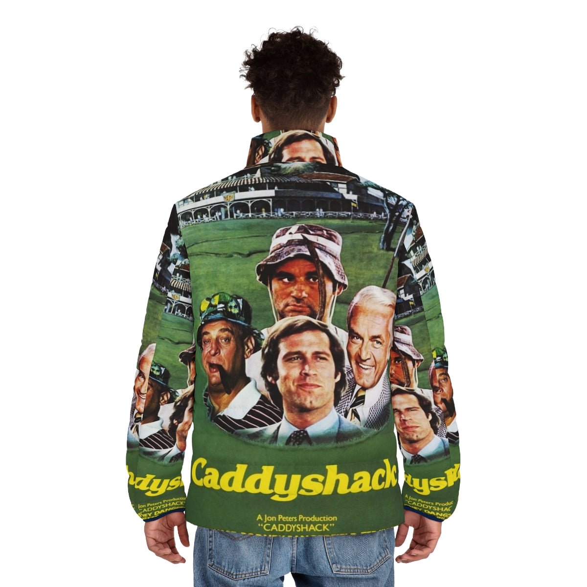 Caddyshack-inspired puffer jacket with "Some People Just Don't Belong" text - men back