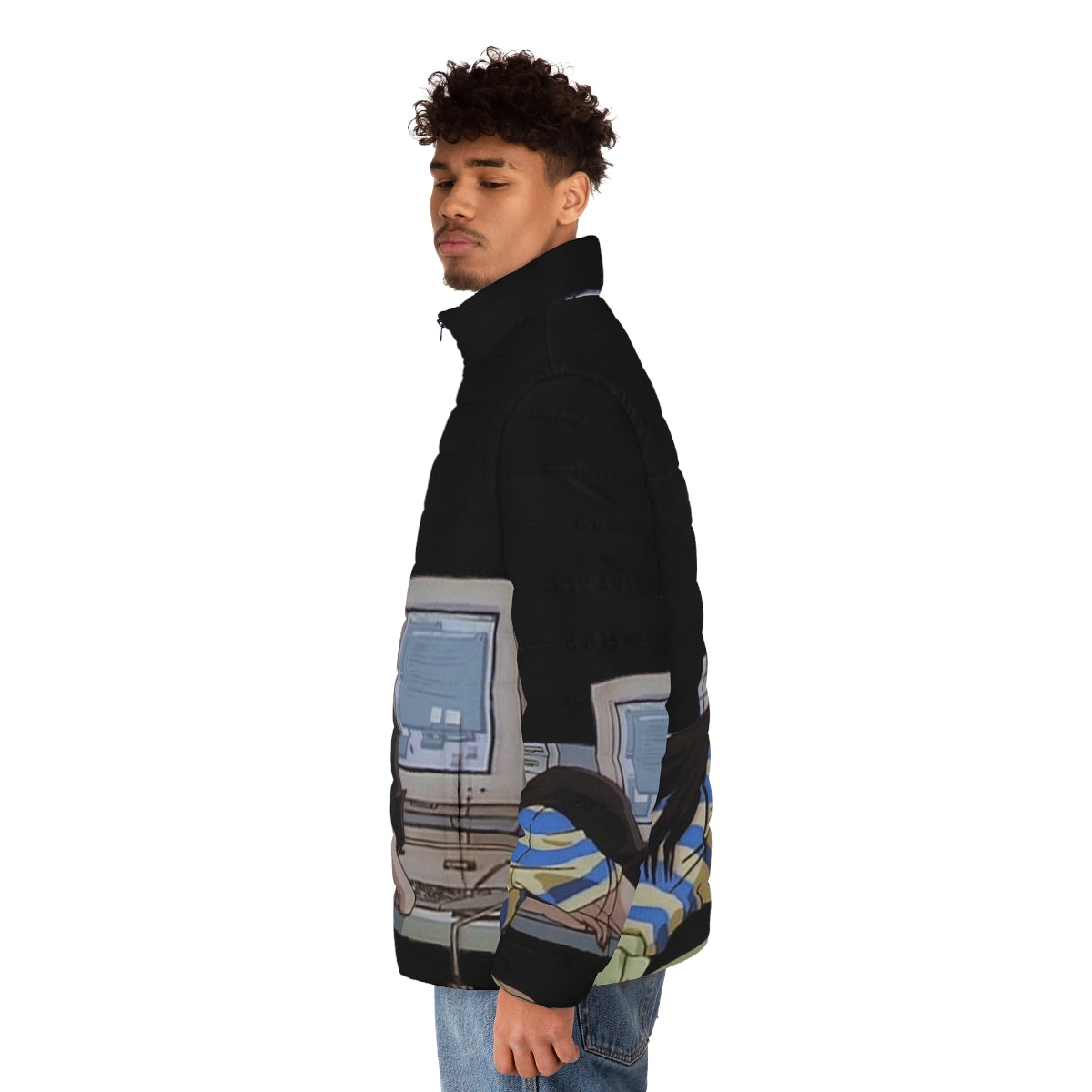 Puffer jacket with vaporwave and anime girl graphics - men side left