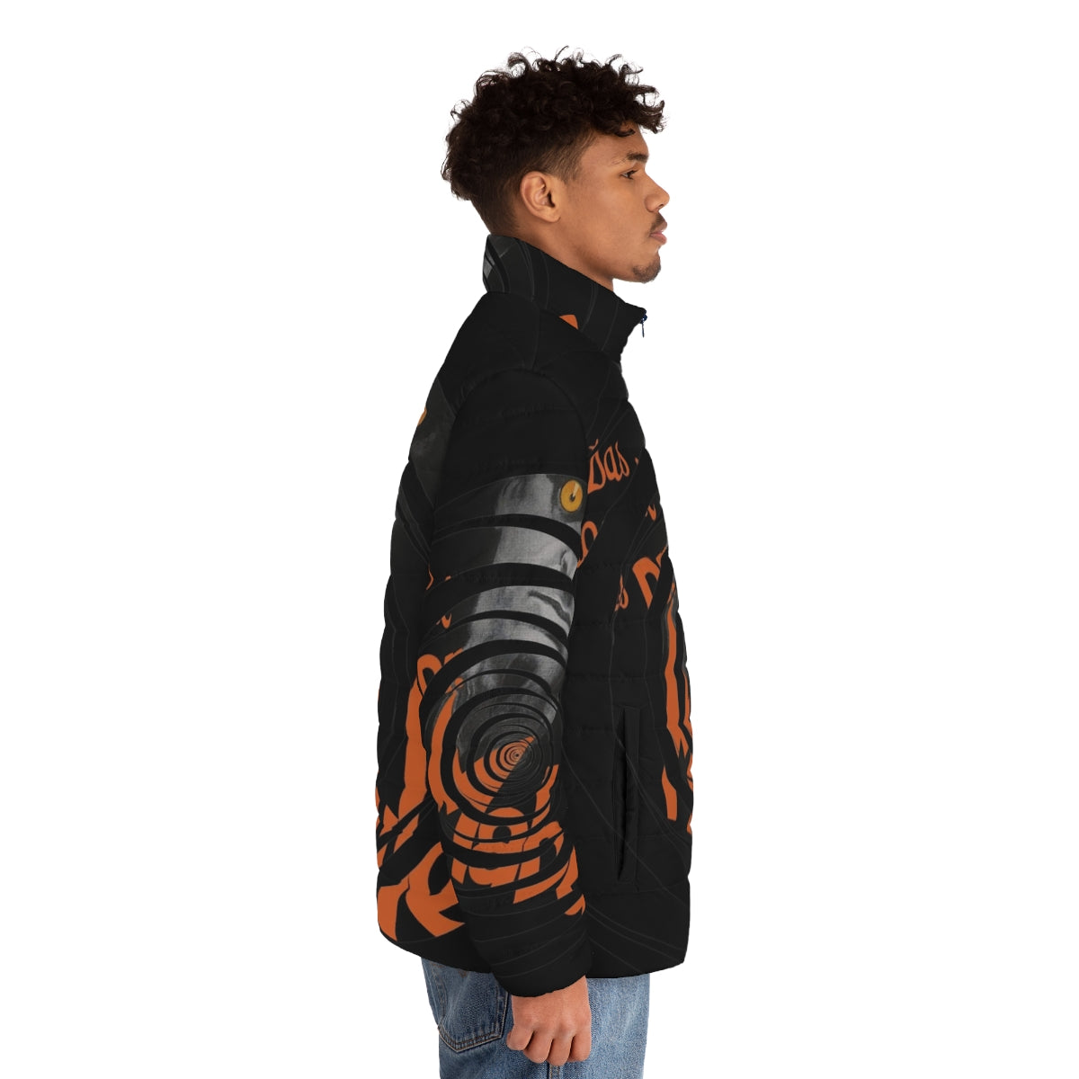 Doctor Mabuse Cinematic Puffer Jacket featuring dark, hypnotic spiral design - men side right