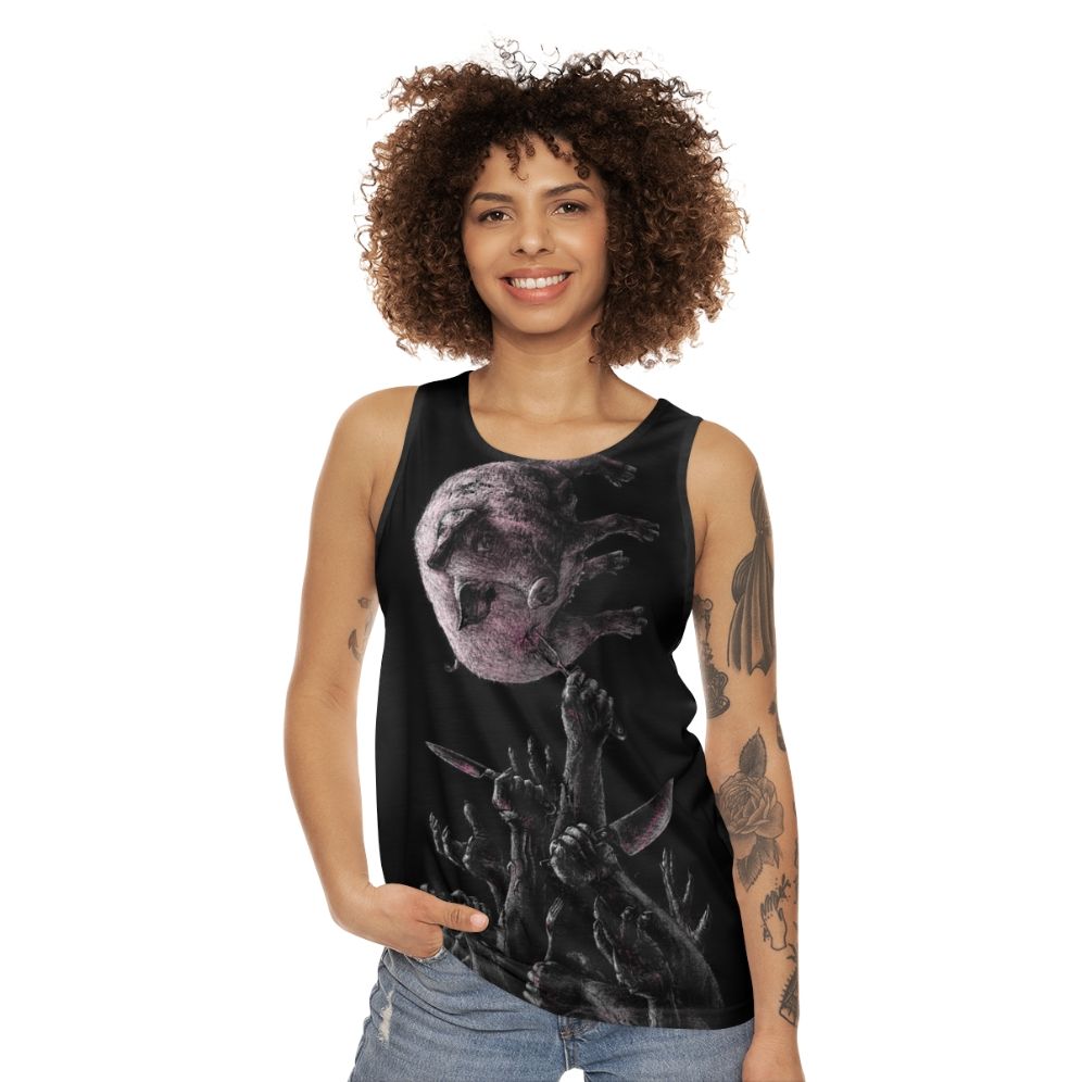 Unisex vegan tank top with pink and red pig skull and cutlery design - women