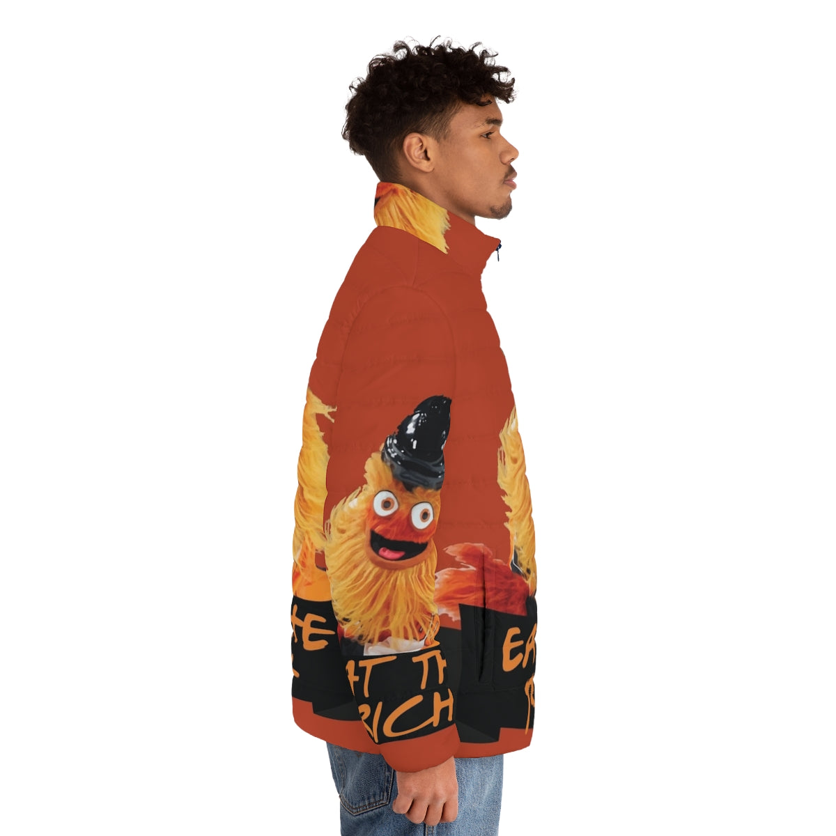 Gritty "Eat The Rich" puffer jacket featuring the Philadelphia Flyers mascot in a humorous, creepy, and unique design - men side right