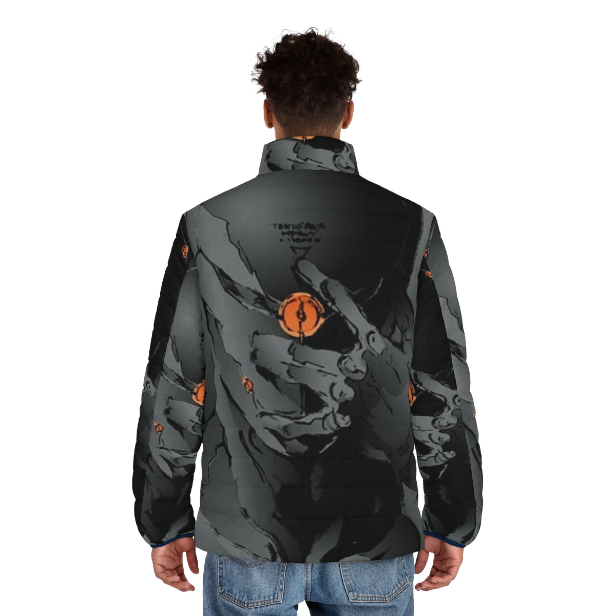 Gray fox puffer jacket with metal gear and gaming design - men back