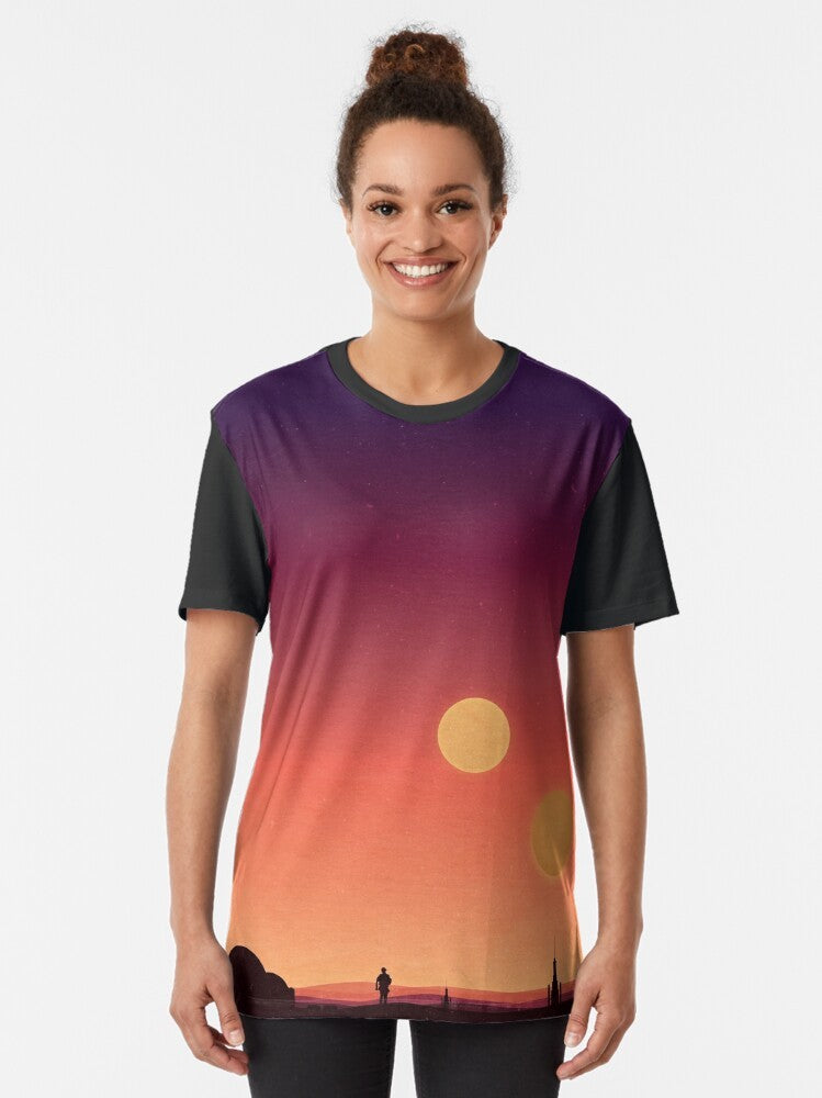 A graphic t-shirt design featuring the iconic planet Tatooine from the Star Wars universe, with its twin suns in the desert landscape. - Women