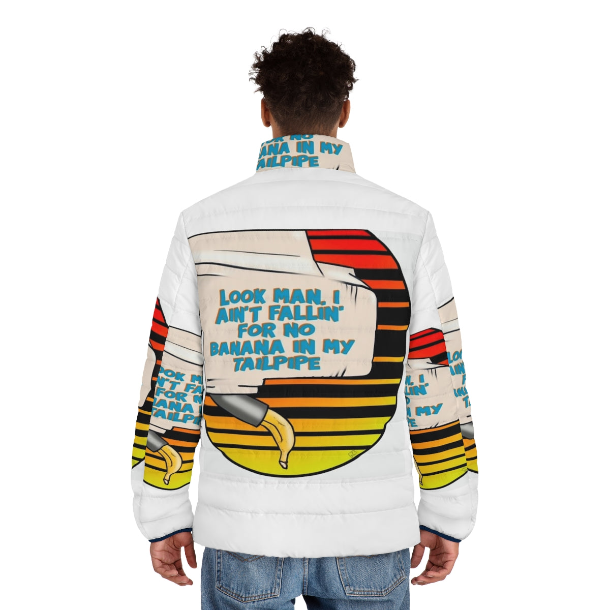 Retro 80s puffer jacket with "Banana In My Tailpipe" quote from Beverly Hills Cop - men back