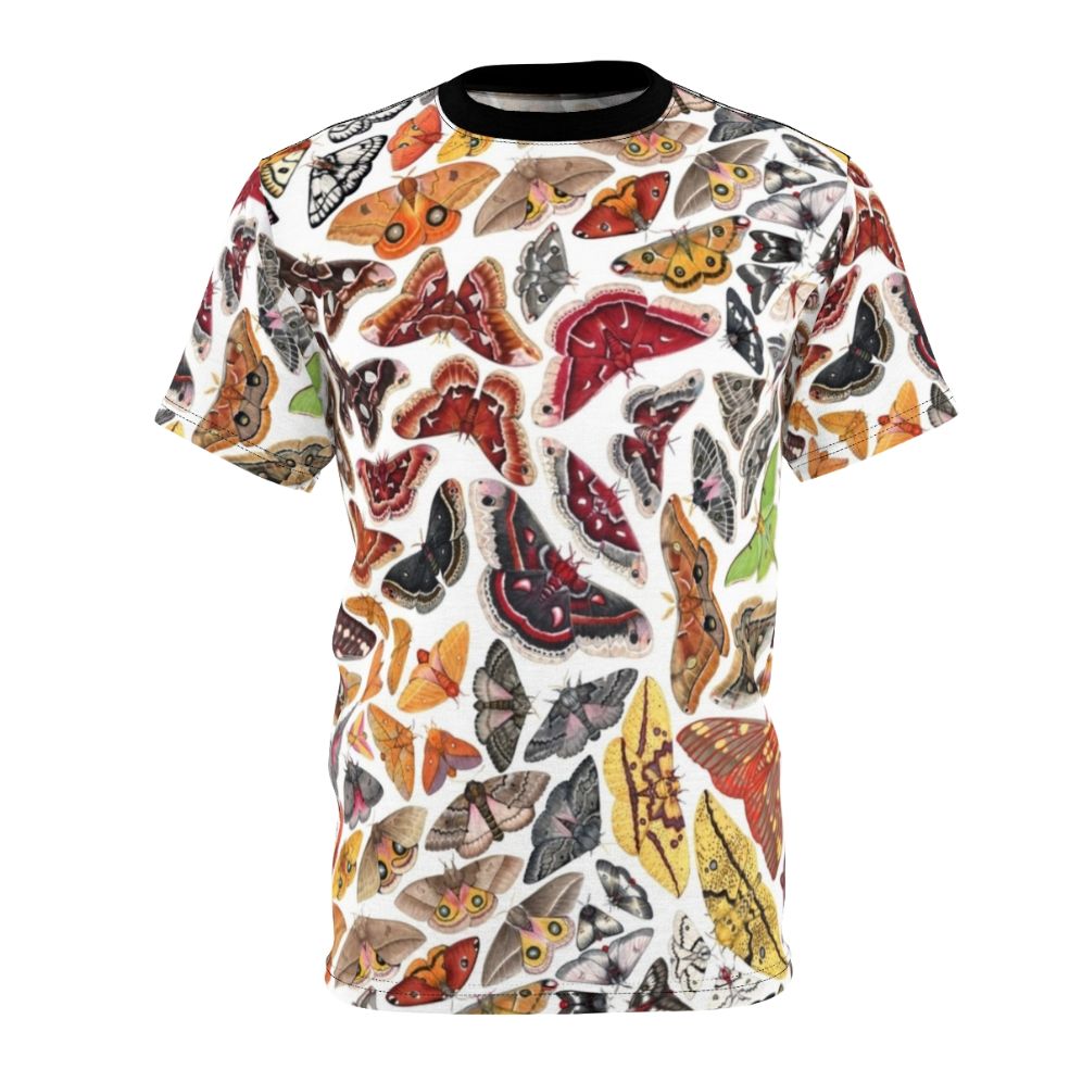 Saturniid moth pattern design on a t-shirt, featuring scientific illustration of moths native to North America.