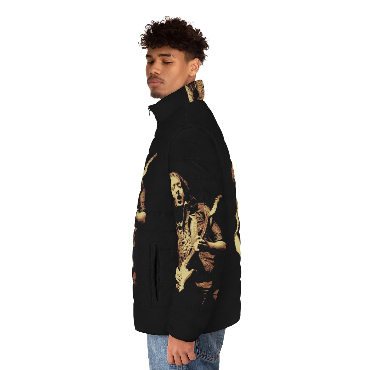 Rory Gallagher inspired puffer jacket, featuring the iconic musician's portrait - men side left