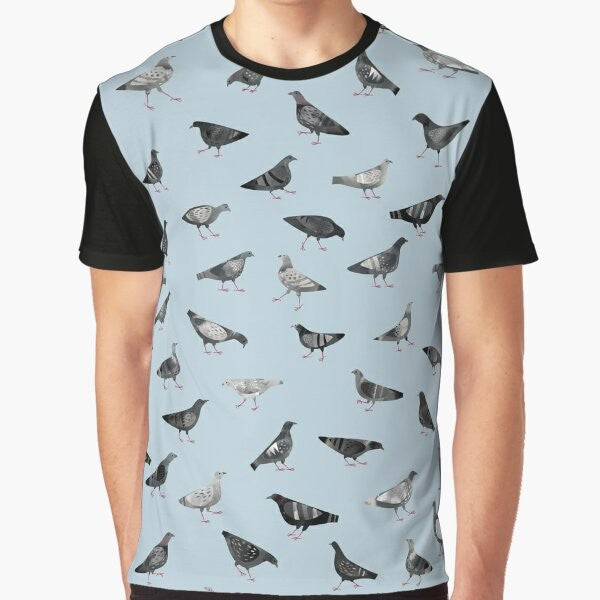 Graphic t-shirt featuring a design of urban pigeons or doves in a flock, with a pattern of gray and white birds.