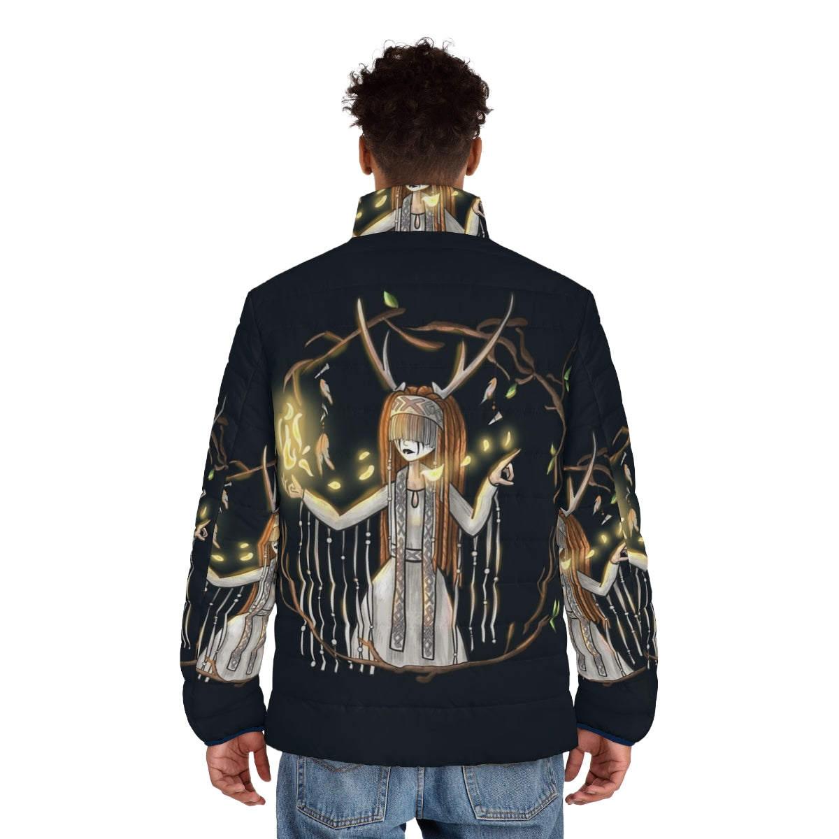 Heilung Fanart Puffer Jacket featuring the band's iconic imagery and symbolism - men back