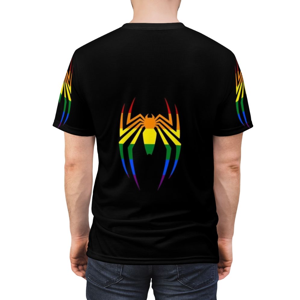 Colorful spider symbol design on a t-shirt with a rainbow gradient background - men back