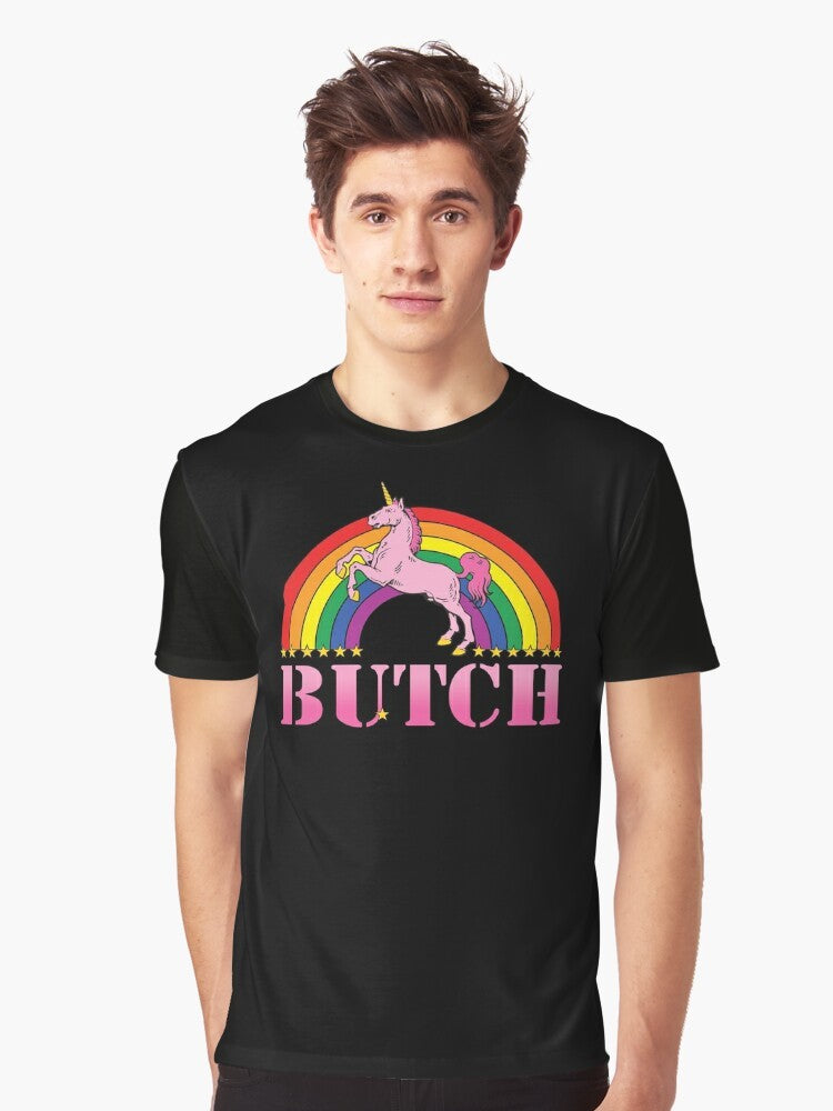 Butch Pride Graphic T-Shirt featuring a unicorn and rainbow design for the LGBTQ+ community - Men