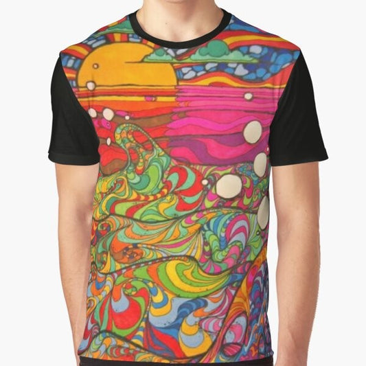 Psychedelic trippy colorful vintage graphic illustration on a t-shirt