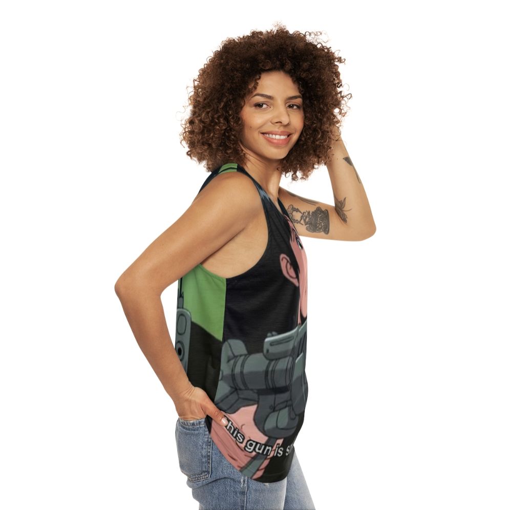 Unisex Anime-Inspired Military Tank Top with Gun Meme - women side