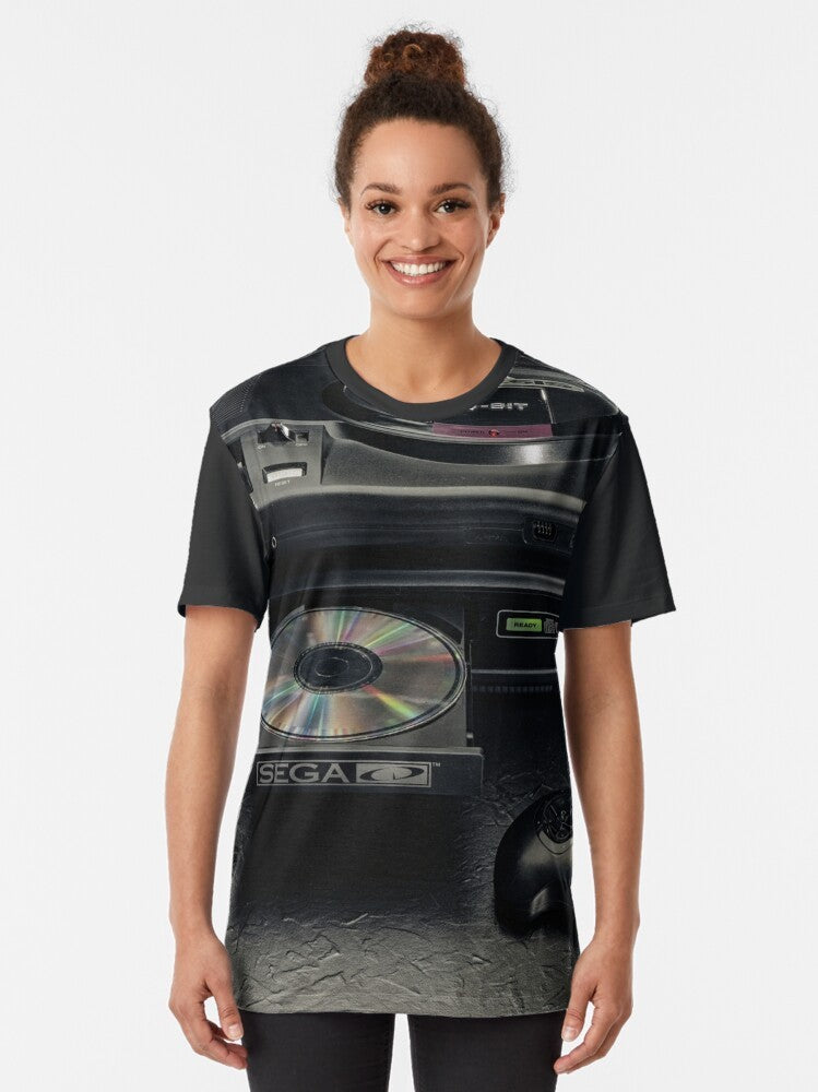 Retro gaming graphic t-shirt featuring a vintage video game controller and pixel art design - Women