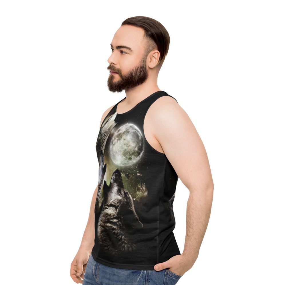 Three wolves howling at the moon on a unisex tank top - men side