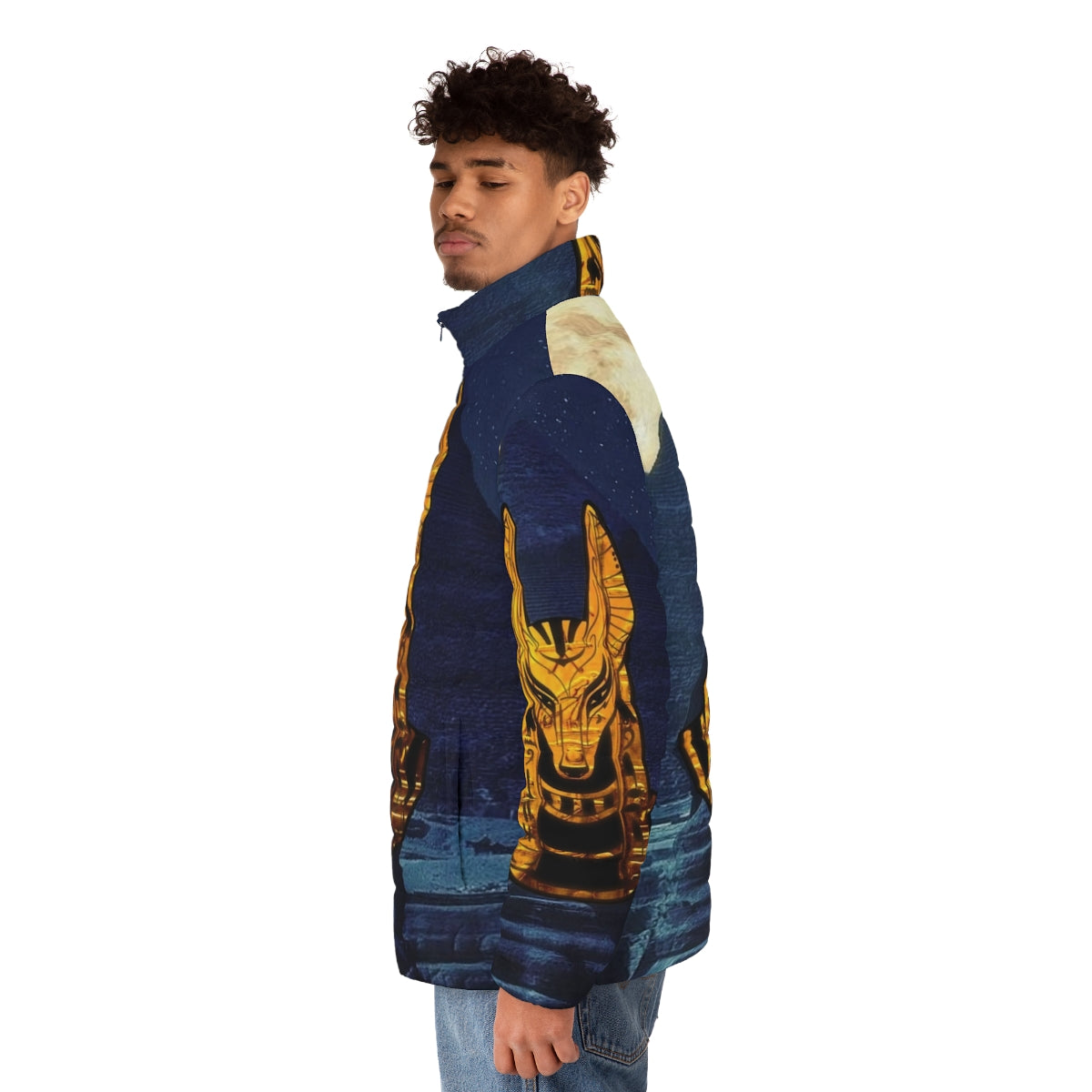 Anubis Egyptian God Puffer Jacket with Gold Accents - men side left