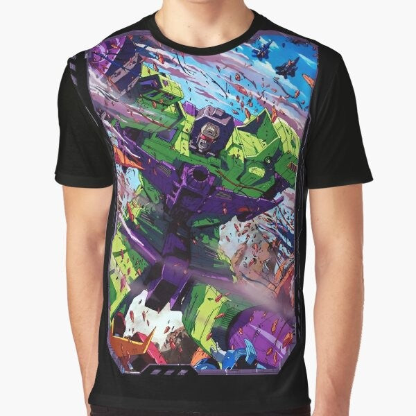 Retro Transformers Devastator graphic t-shirt design featuring Optimus Prime, Megatron, and other classic characters