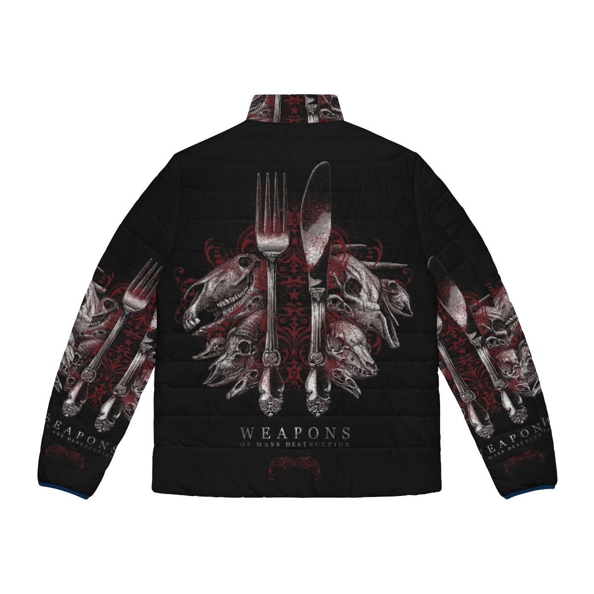 Puffer jacket with weapons and skull design, focus keyword: puffer jacket - Back