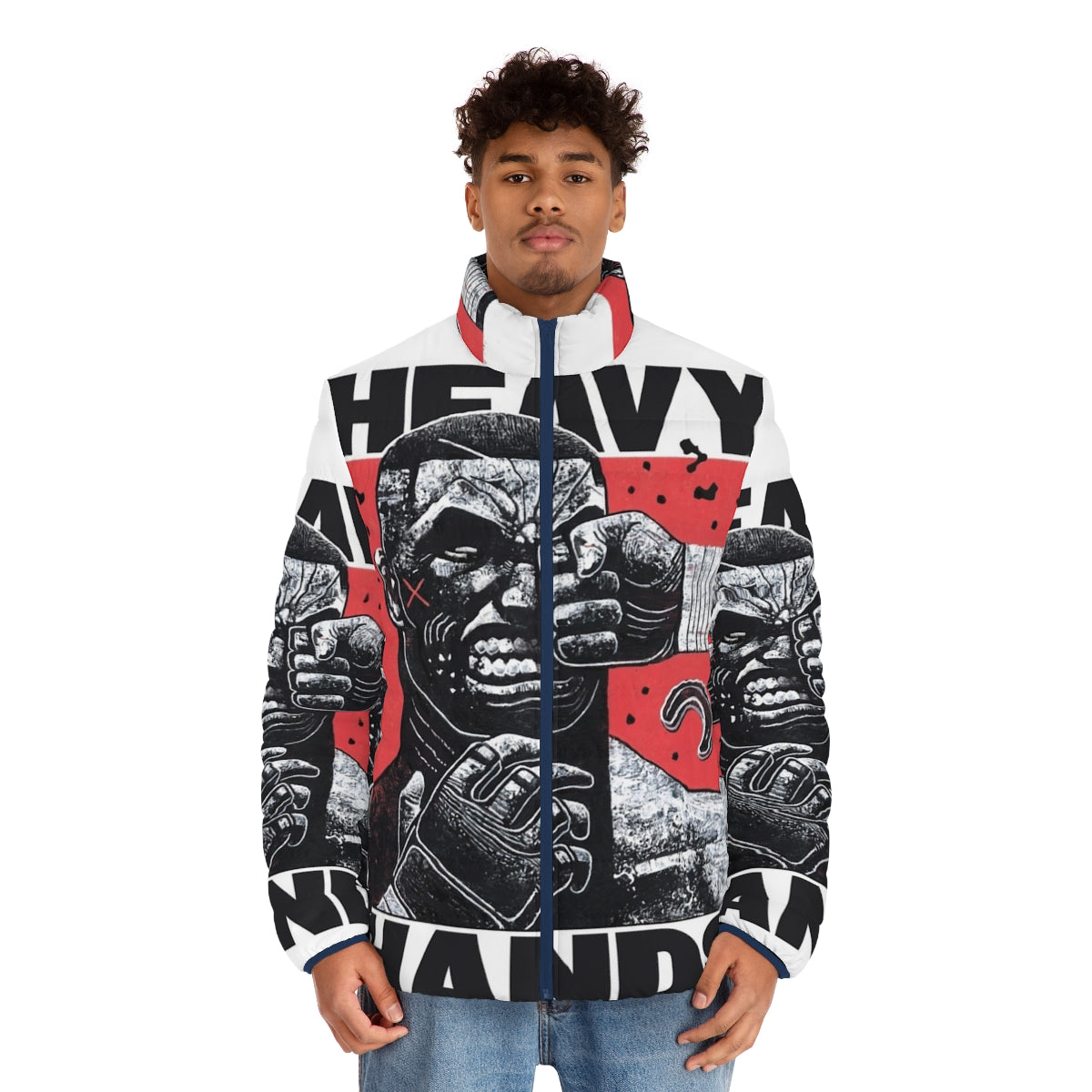 Heavy hands graphic puffer jacket with boxing and MMA design - men front