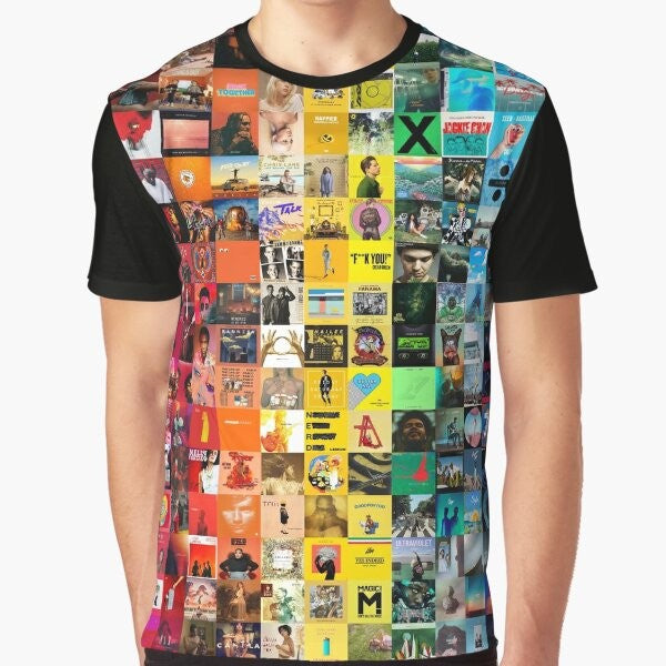 Colorful graphic t-shirt featuring a vibrant music tapestry design, perfect for music lovers and those with an aesthetic sense.