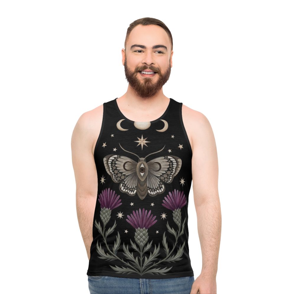 Unisex tank top with celestial moth and thistle design - men