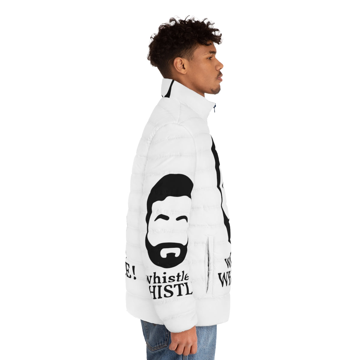 Ted Lasso Puffer Jacket featuring the nonbinary pride flag and "Believe" message - men side right