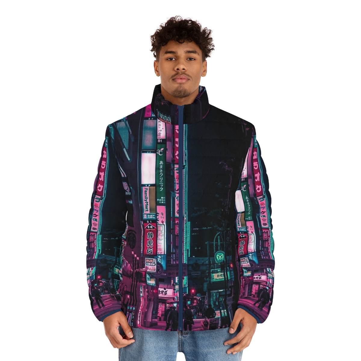 A vibrant puffer jacket with futuristic, cyberpunk-inspired design. - men front