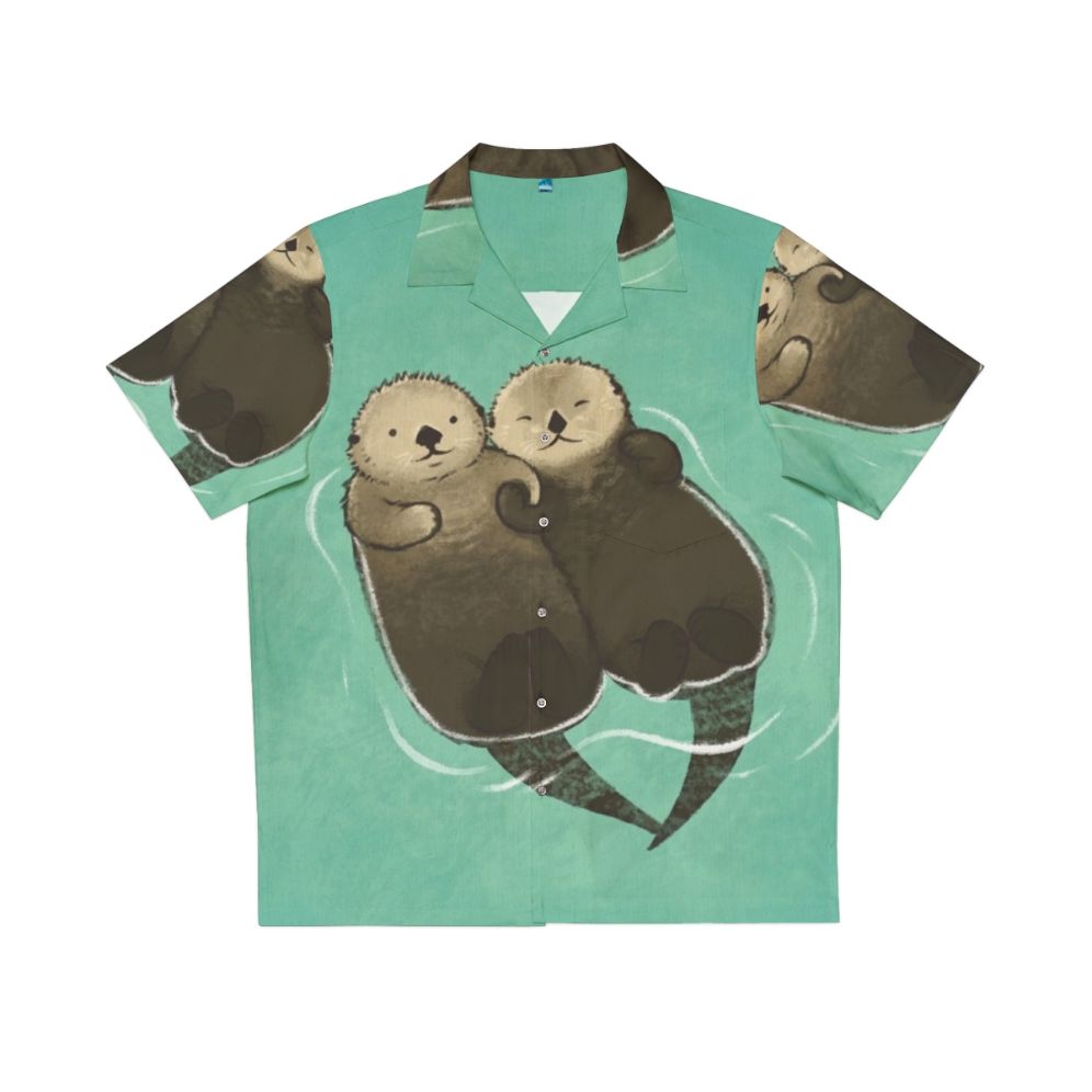 Adorable otters holding hands printed on a vibrant Hawaiian shirt