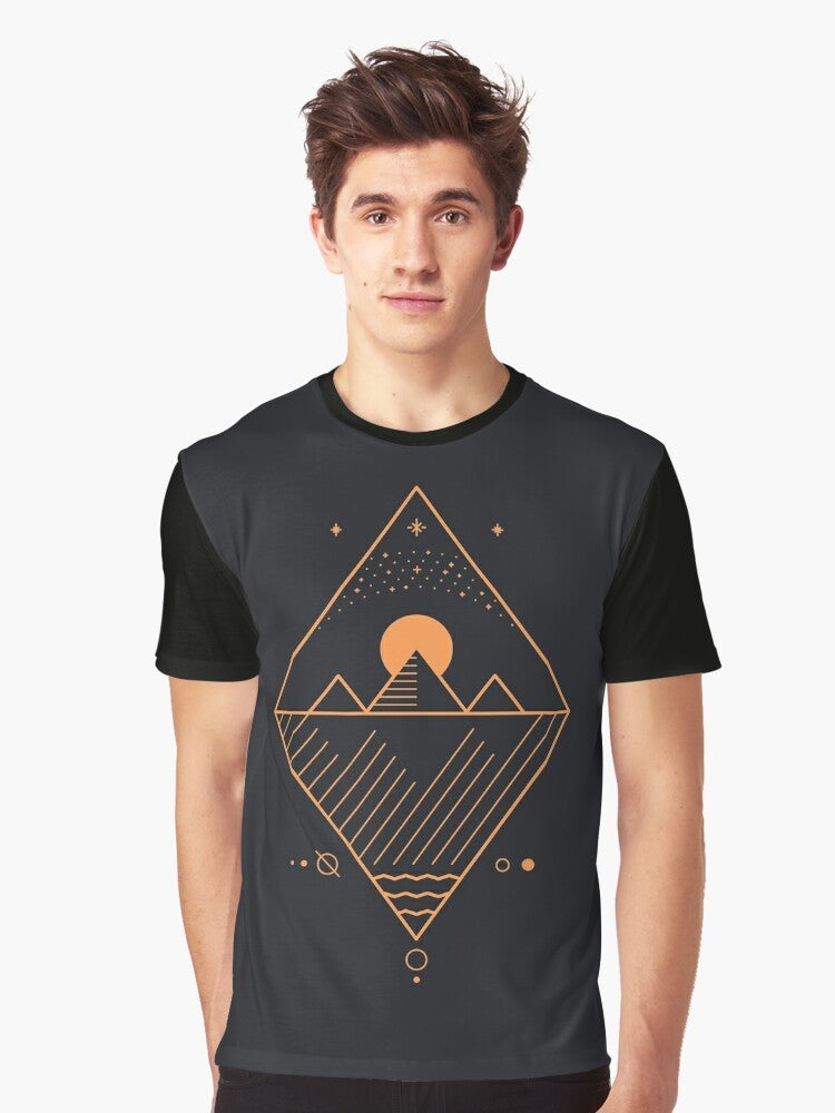 Osiris minimalist graphic t-shirt with line art design of stars, pyramids, and geometric shapes - Men