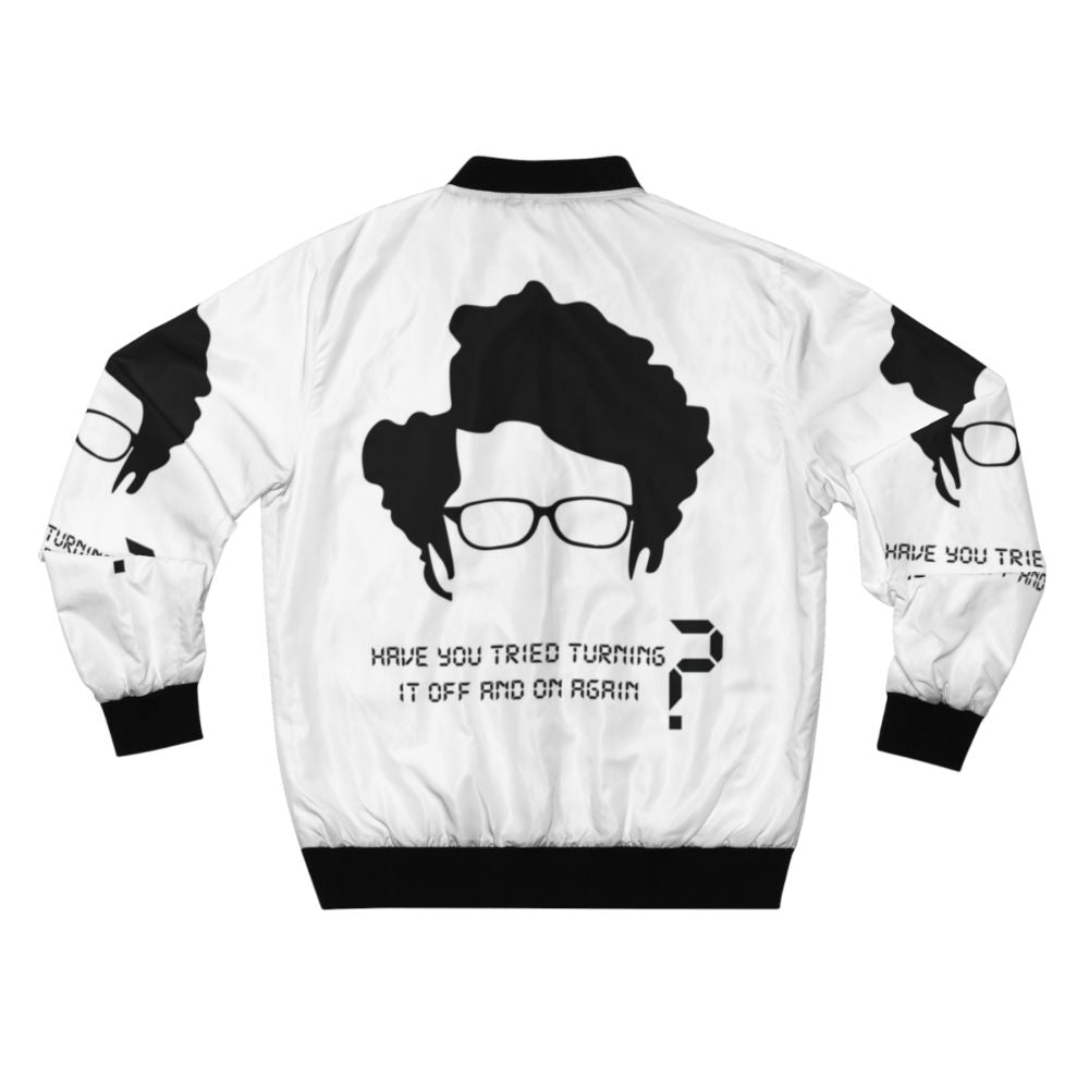 The IT Crowd Bomber Jacket with the show's iconic "Have you tried turning it off and on again?" phrase - Back