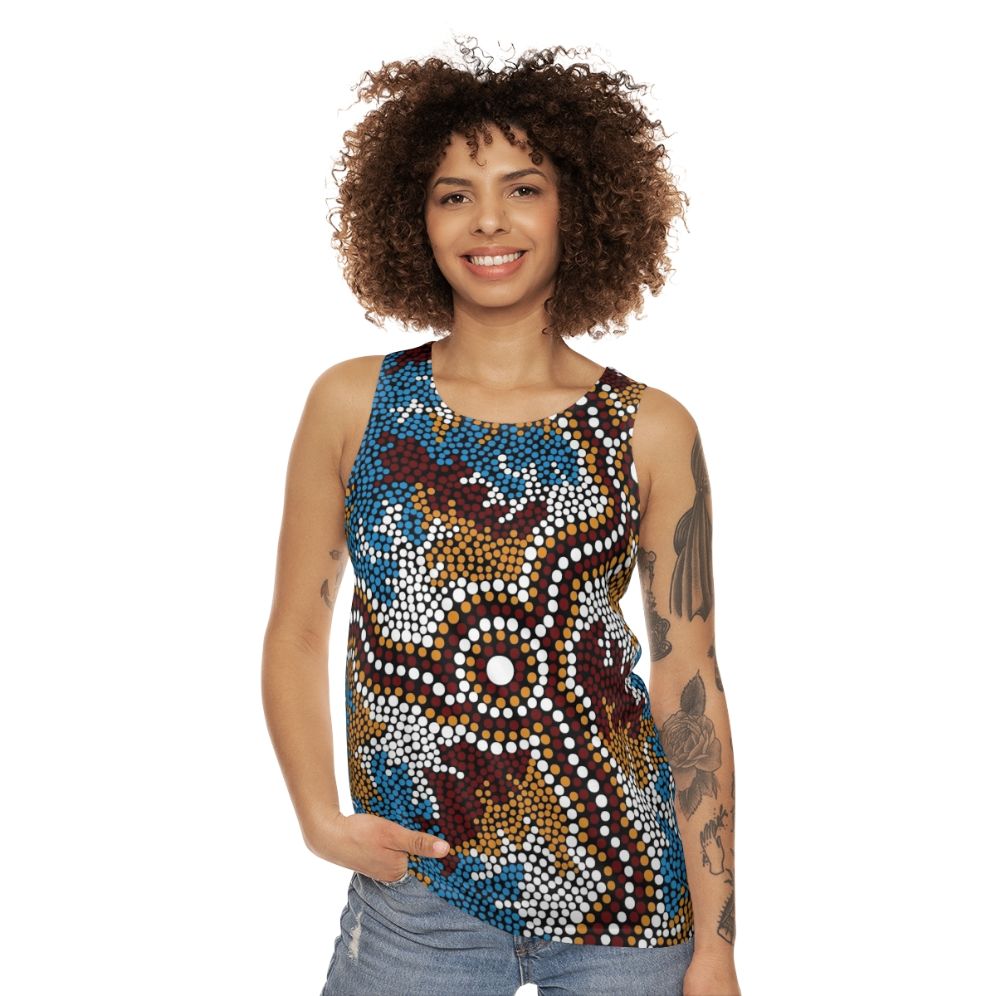 Unisex Tank Top with Aboriginal Art Depicting Wetland Dreaming - women