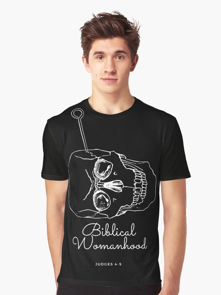 A white graphic t-shirt with the text "Biblical Womanhood" in a bold font - Men