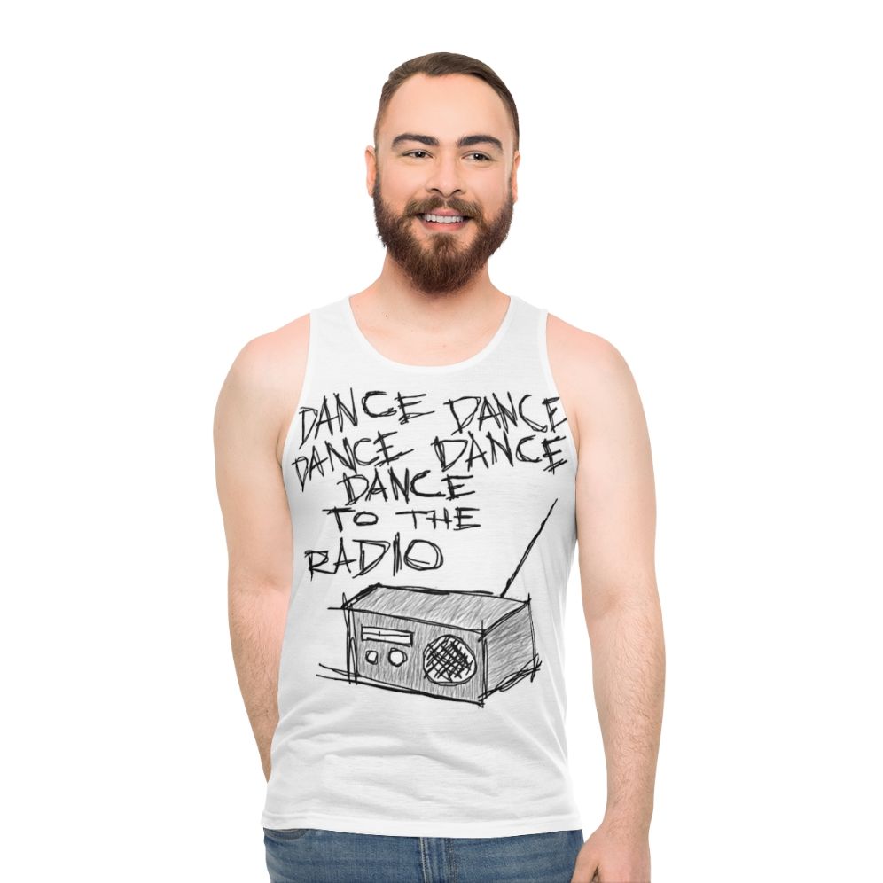 Unisex dance music tribute tank top featuring New Order and Joy Division - men