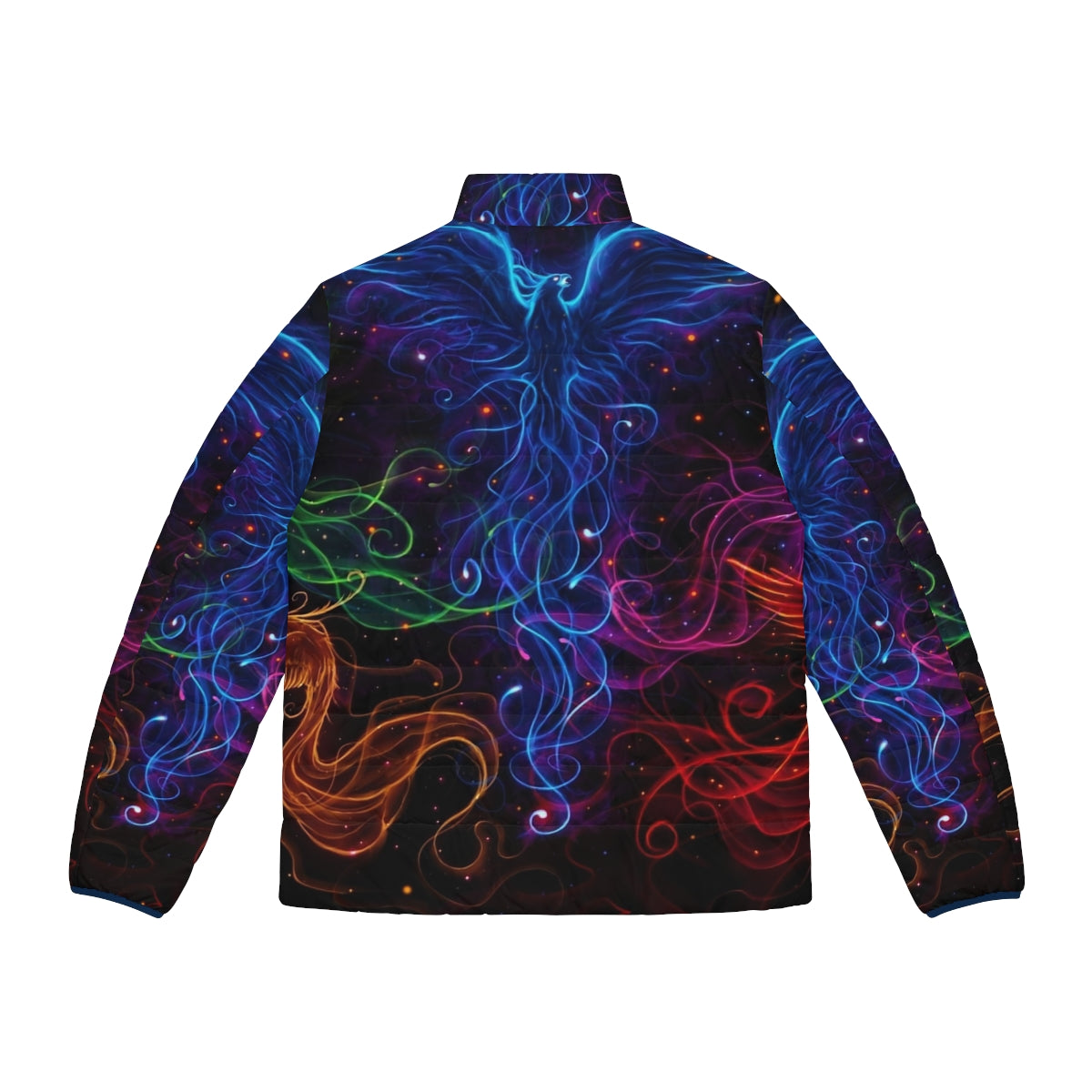 Colorful puffer jacket featuring a phoenix design against a vibrant sky - Back