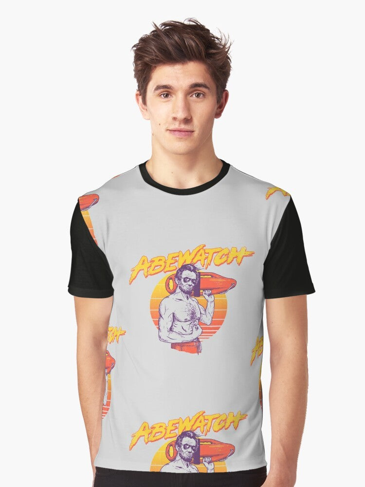 Vintage-style graphic t-shirt with an image of Abraham Lincoln wearing a lifeguard outfit - Men