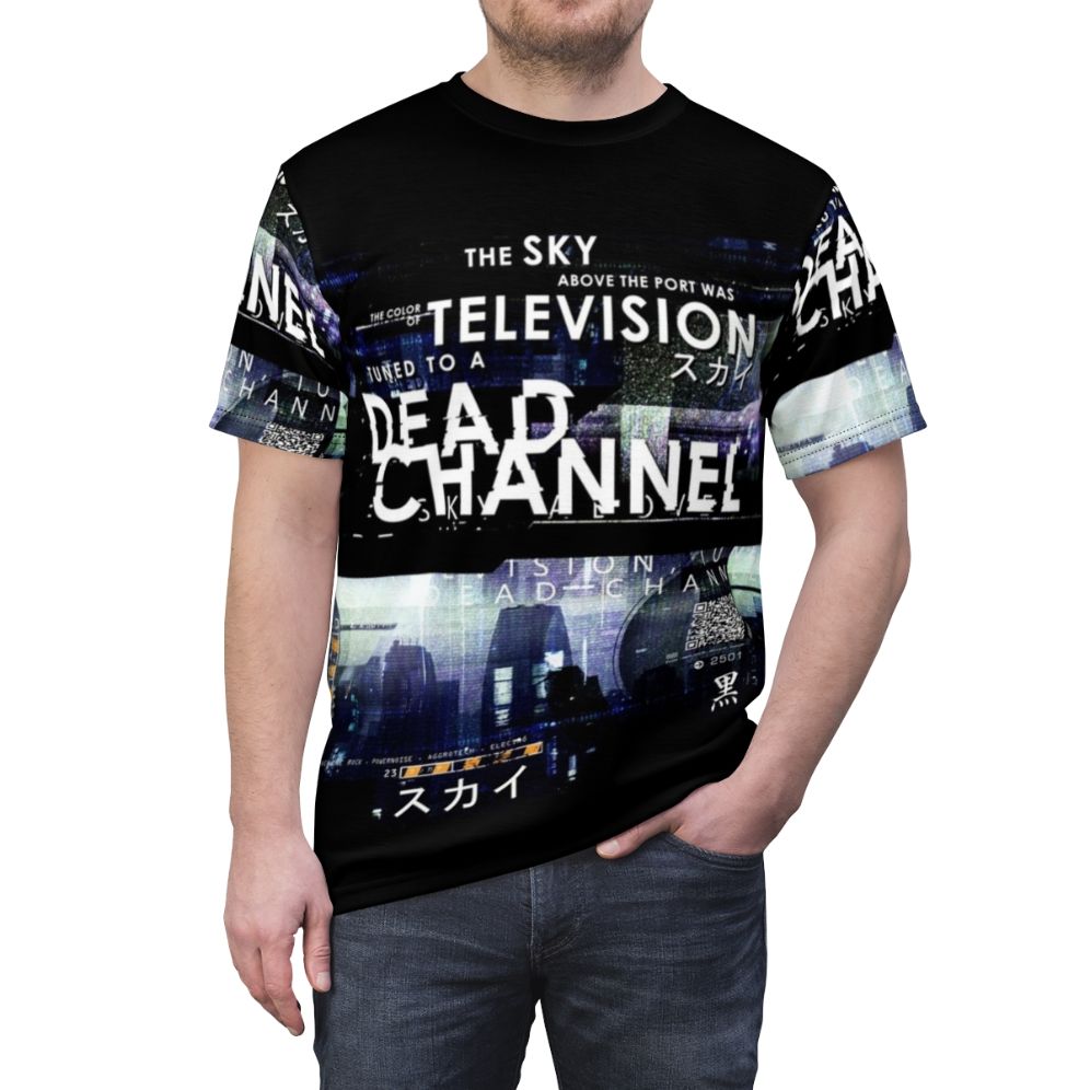 Cyberpunk-inspired all-over-print t-shirt featuring a glitched and distorted digital design - men front