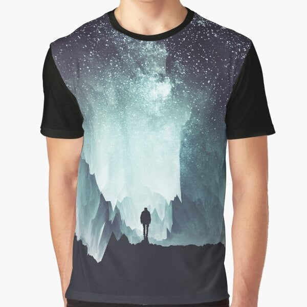 A northern, galaxy-inspired graphic t-shirt with a surreal, nature-themed design.