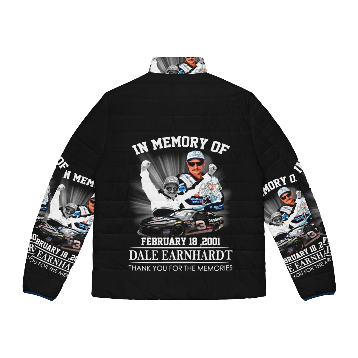 Puffer jacket featuring a memorial design for NASCAR legend Dale Earnhardt - Back