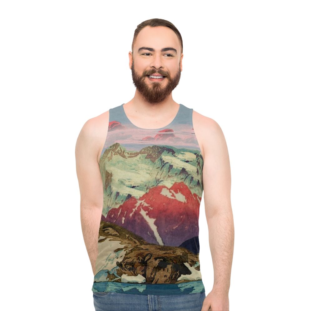 Unisex tank top with a winter landscape inspired by Japanese ukiyo-e art - men