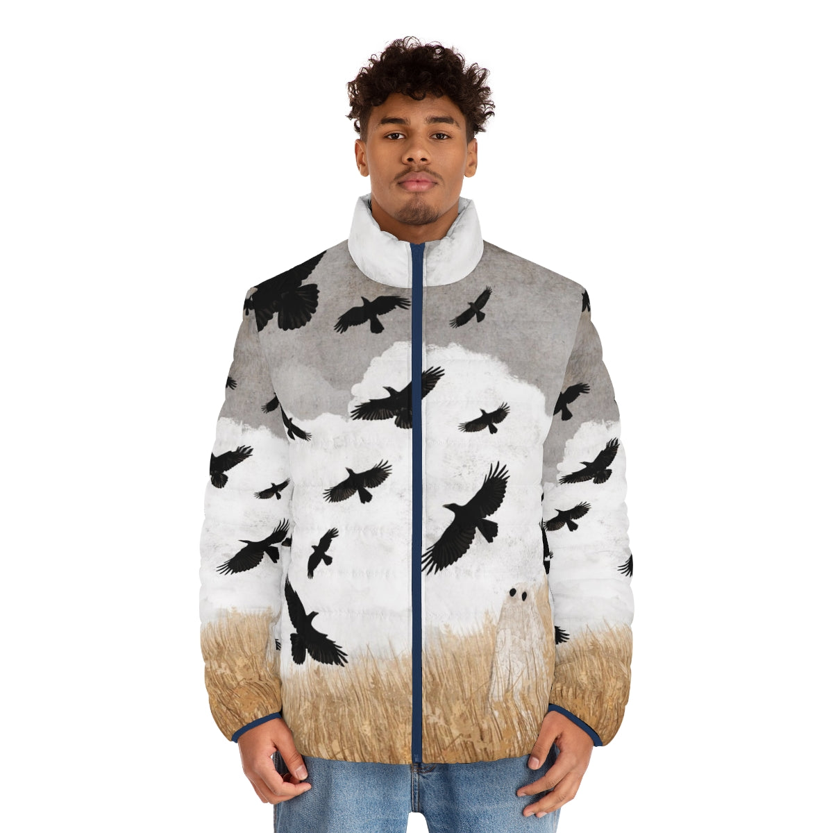 Puffer jacket with crows and nature-inspired vintage design - men front