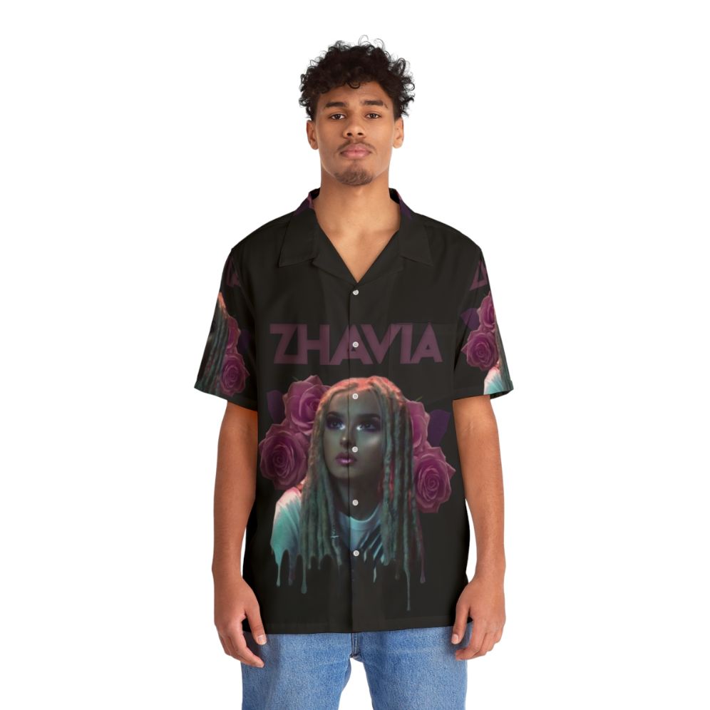 Zhavia Wearing a Tropical Floral Hawaiian Shirt - People Front