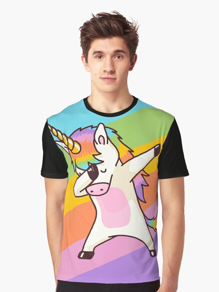 A graphic t-shirt featuring a dabbing unicorn wearing sunglasses and a hip hop-inspired design. - Men