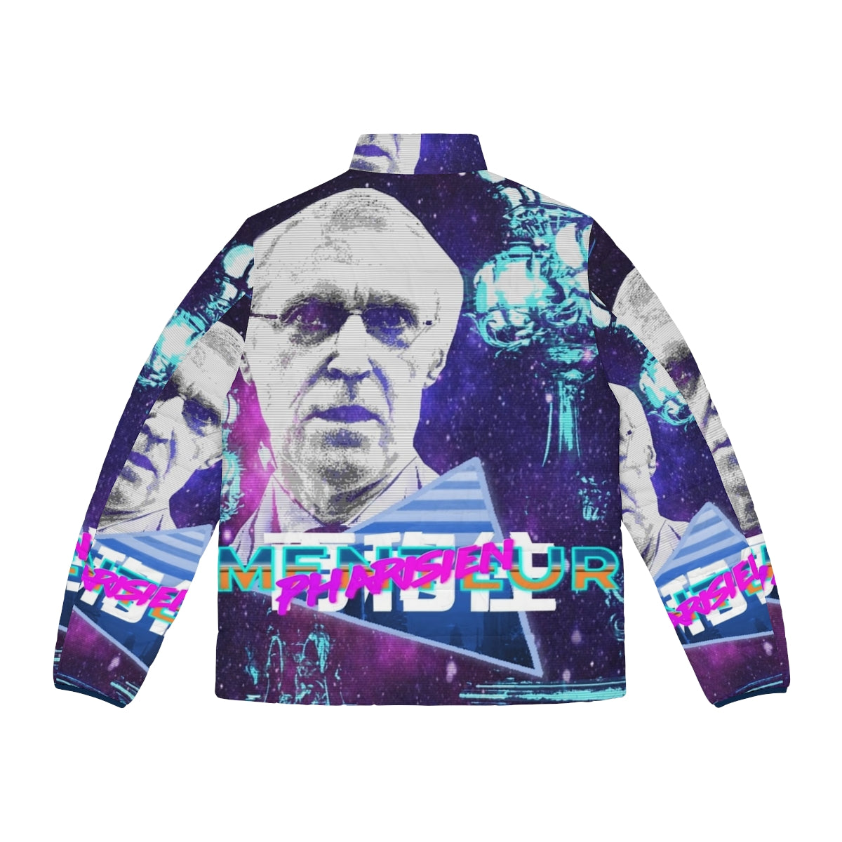 Vaporwave-inspired puffer jacket featuring the Henry De Lesquen design - Back