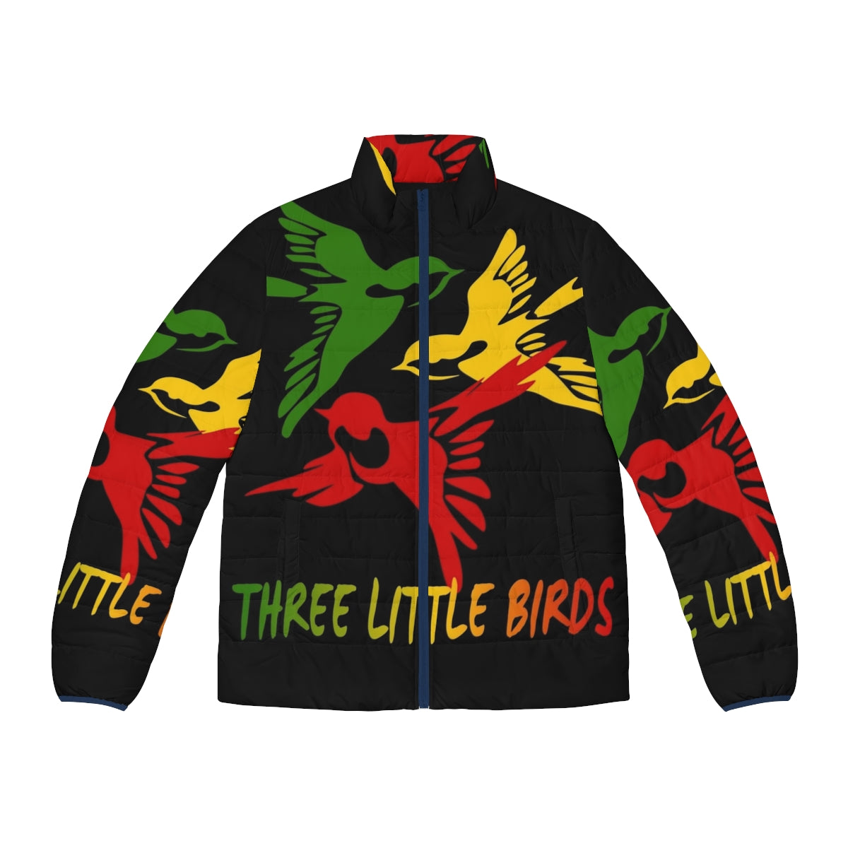 Three Little Birds Reggae Puffer Jacket with focus on reggae, rasta, and Jamaican style