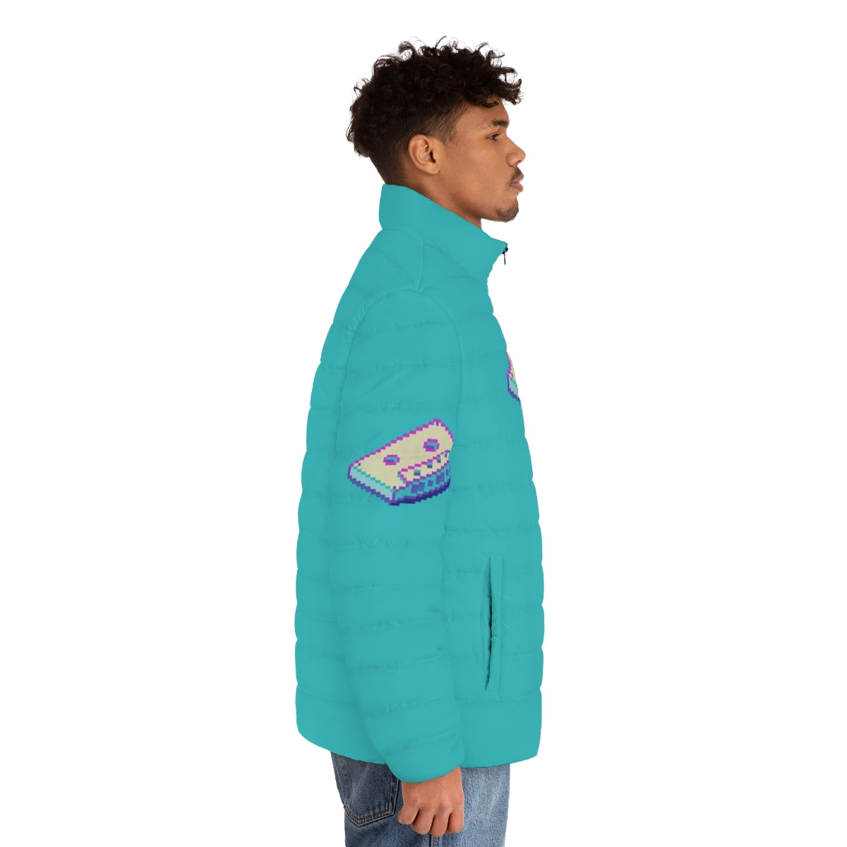 Retro vaporwave cassette puffer jacket with pixel art design - men side right